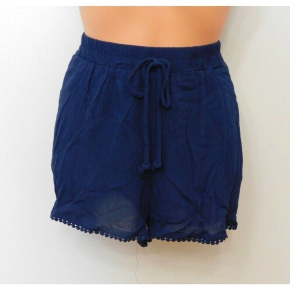 BeBop Pants - JR6 Be Bop Navy High Waist Juniors' Solid Pom Pom Shorts - Size M